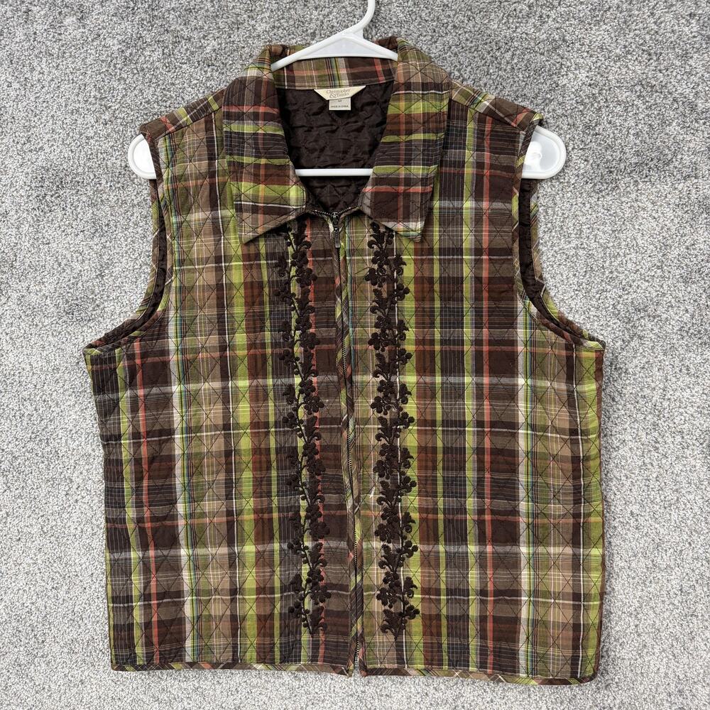 Christopher & Banks Vest Womens Medium Plaid Quilted Zip Brown Green Cabincore